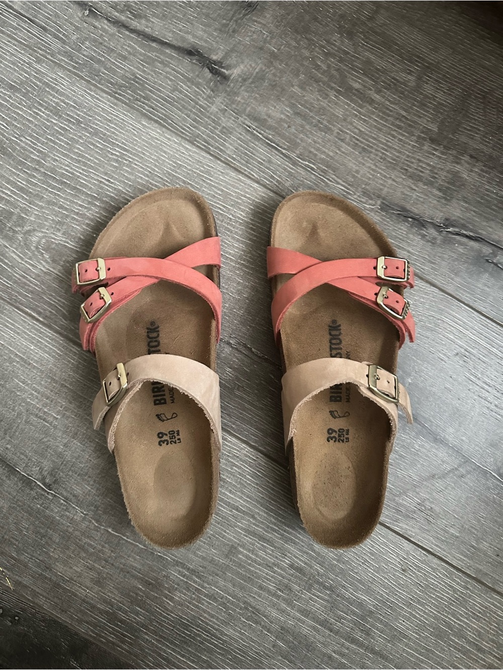 Birkenstock Franca Women's Two-Tone Coral and Beige Cross-Strap Slide Sandals